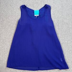 San Joy Blue Bow Tank Top Women's Medium Sleeveless Sheer Scoop Neck